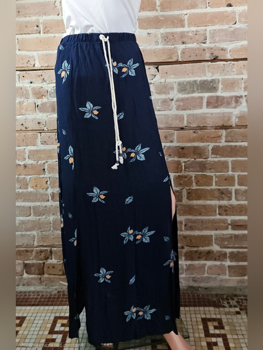Massimo Navy Floral Maxi Skirt With Two Front Slits Size Large NWT
